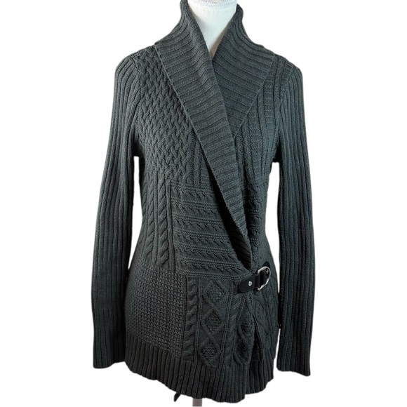 Lauren Ralph Lauren Shawl Collar Cardigan Belted Gray Cable Knit Womens L Cozy - Picture 3 of 12